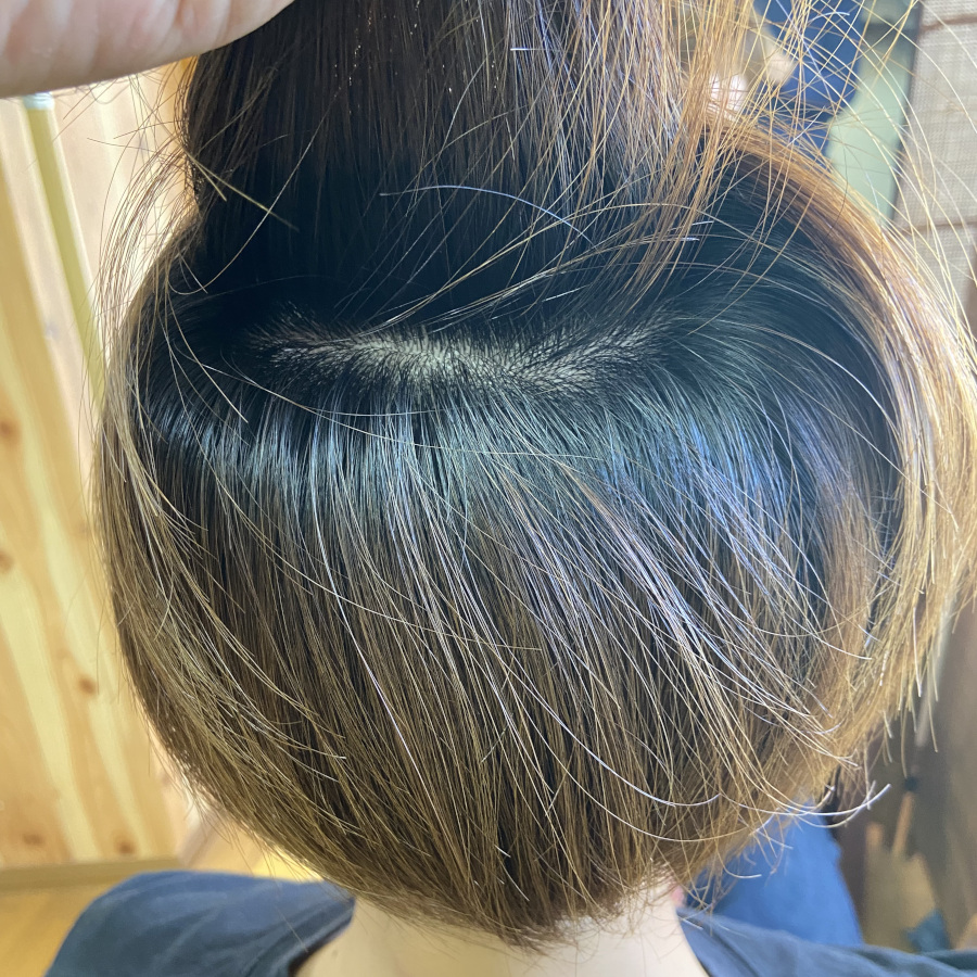 Kさんの頭髪トップから内側の状態、根本の新生部=黒髪は3~4トーン約2,5cm中間部アッシュブラウン8トーン