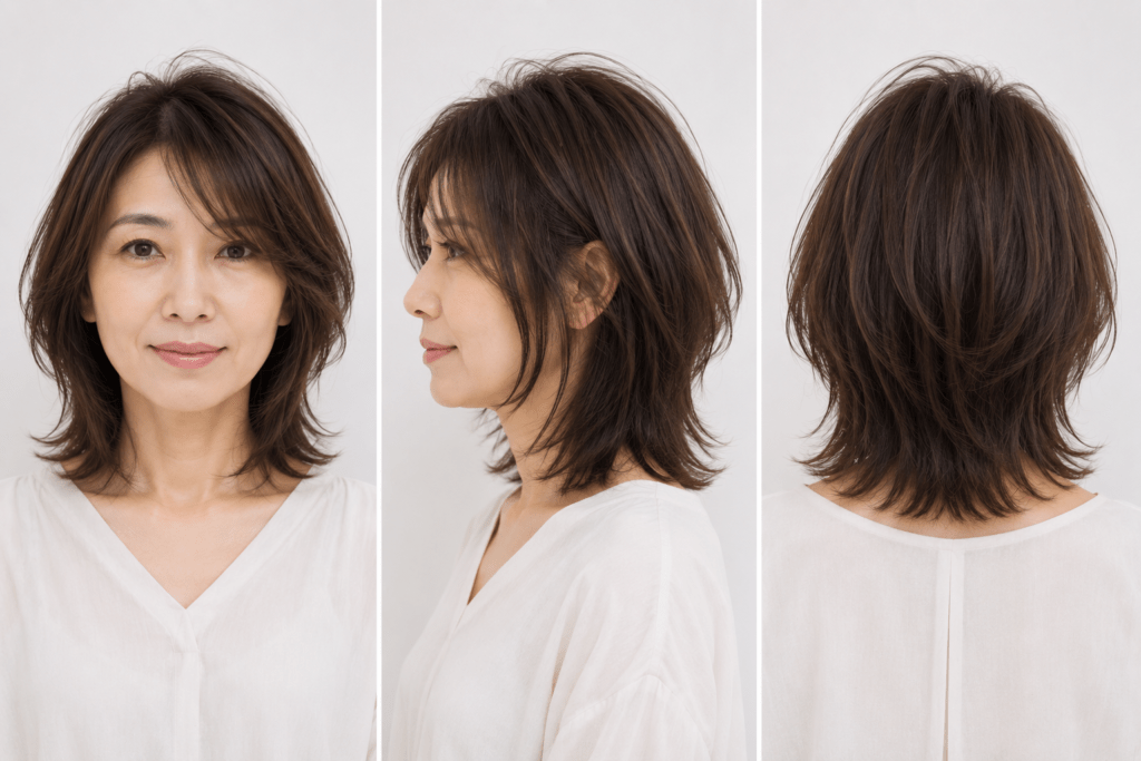 ひし形髪型の正面サイド後ろのヘアスタイル画像